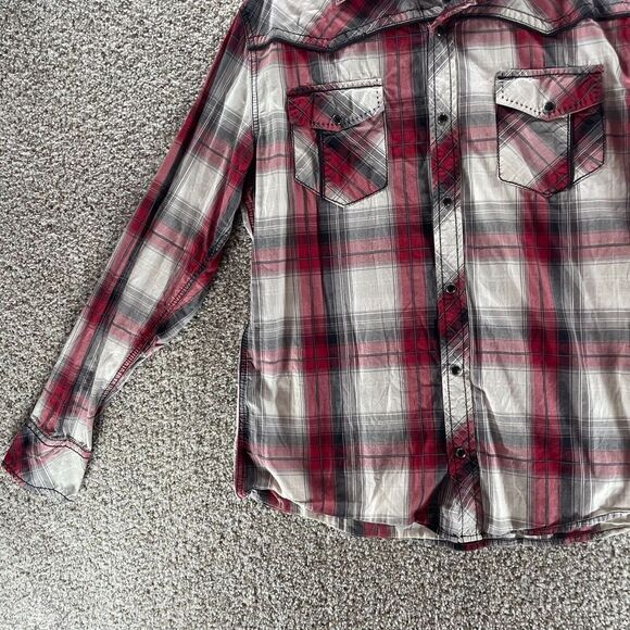 BKE Western Pearl Snap Shirt Mens Large Red White Plaid Athletic Fit Cowboy Work - Picture 5 of 12